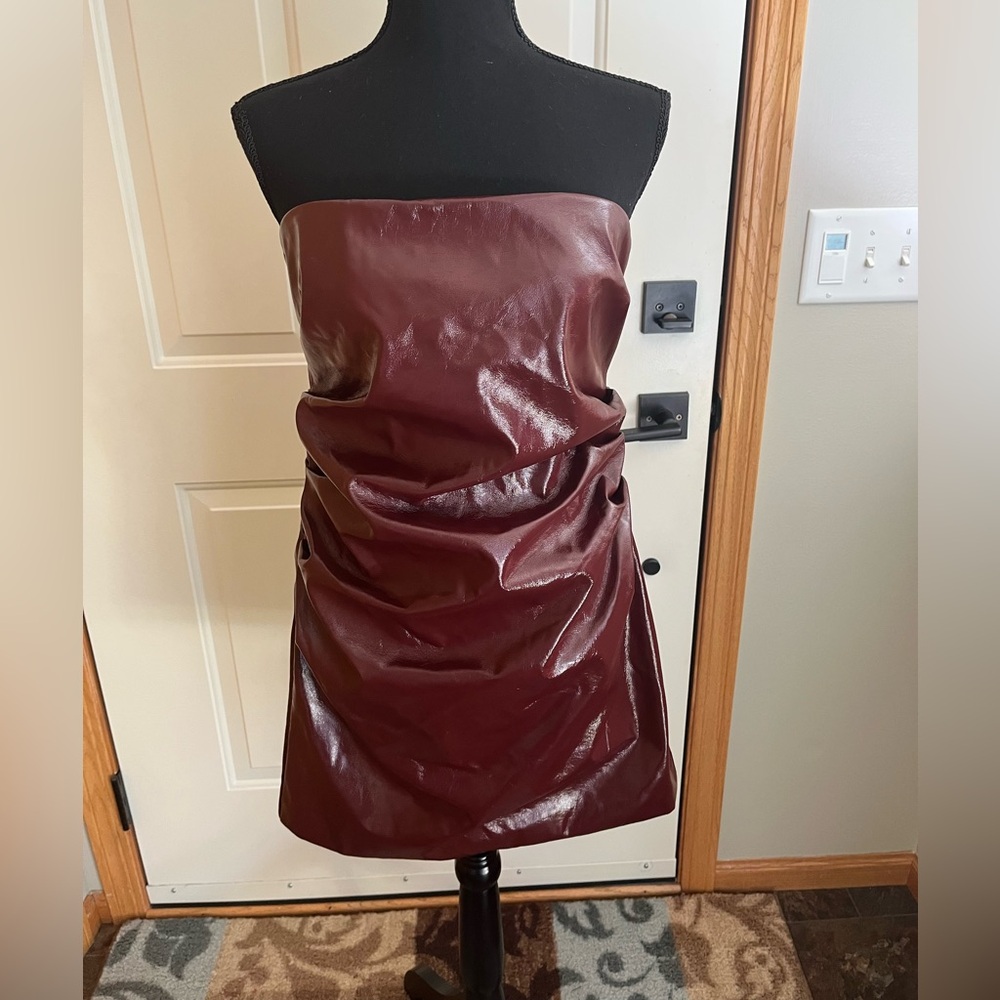 New White Fox Orlando PU strapless ruched minidress in cherry cola. Size XL